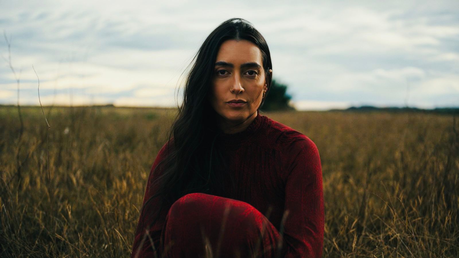 Nayanna em veludo bordô num campo ao entardecer